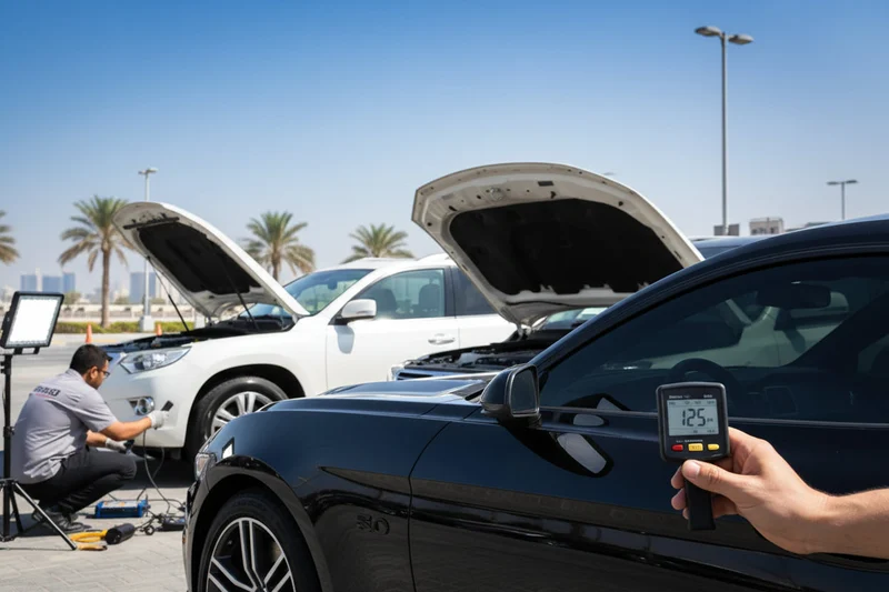 Inspector holding paint thickness gauge on SUV hood with diagnostic tablet on fender, bright outdoor Dubai sunlight