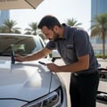 Close-up of paint meter reading 120 micron on car door panel with OBD scanner plugged in through open door, outdoor Dubai