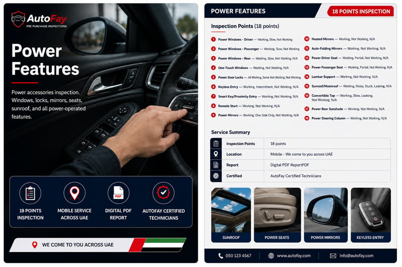 AutoFay technician inspecting power windows keyless entry power mirrors power seats and sunroof features