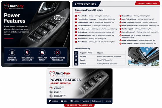 AutoFay technician inspecting power windows keyless entry power mirrors power seats and sunroof features