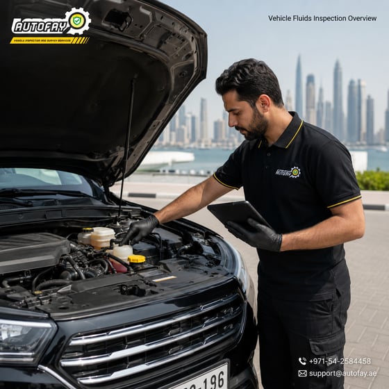 AUTOFAY inspector checking transmission fluid level and condition during vehicle inspection in UAE