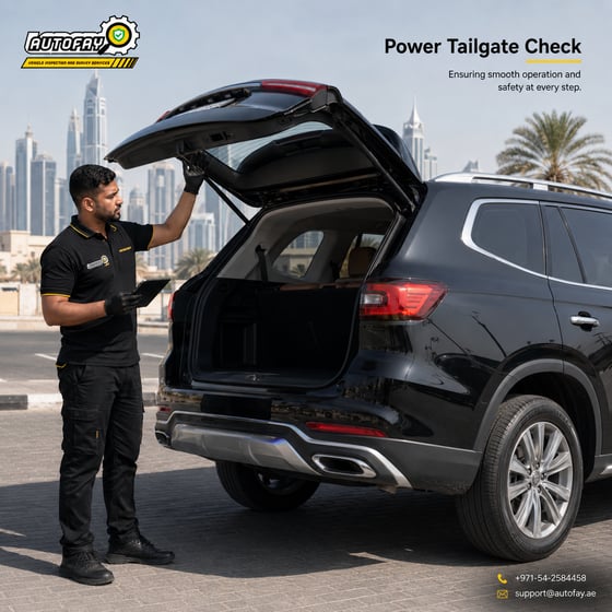 AUTOFAY inspector checking exterior features on a black SUV in UAE
