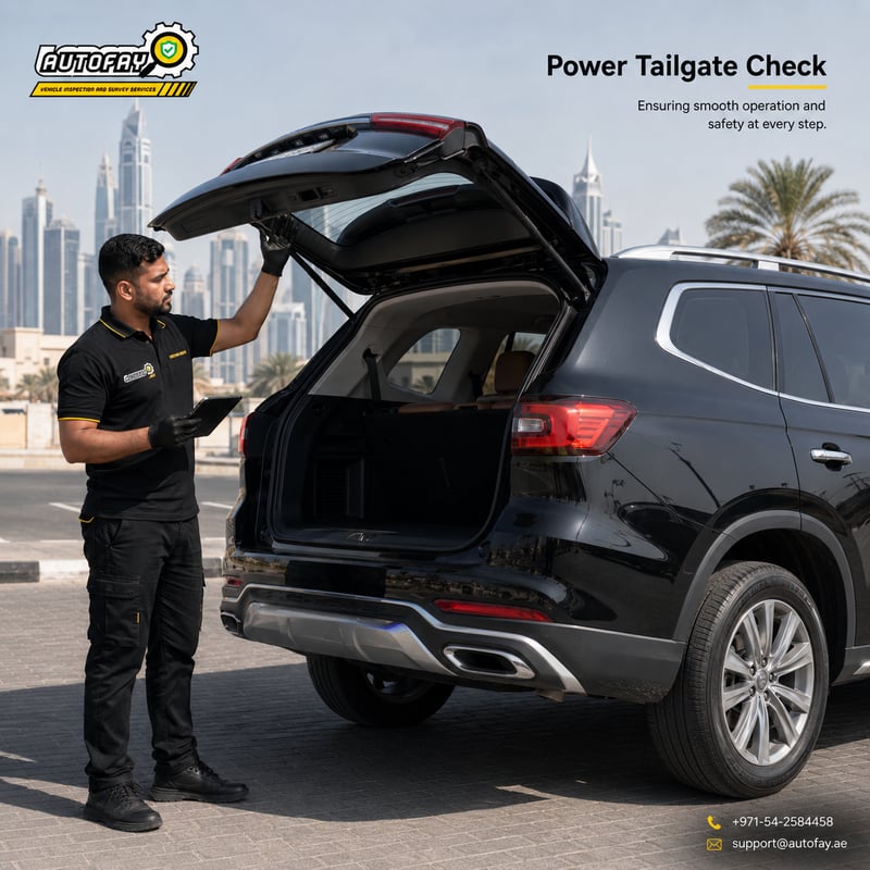 AUTOFAY inspector checking exterior features on a black SUV in UAE