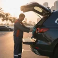 Inspector pressing power trunk close button, tailgate descending smoothly with soft beep, rear view of SUV, Dubai parking lot sunset light