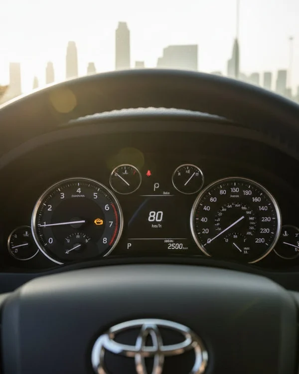 Inspector sitting in driver seat pressing push-start button, finger on button, dashboard gauges lighting up, morning light through windshield