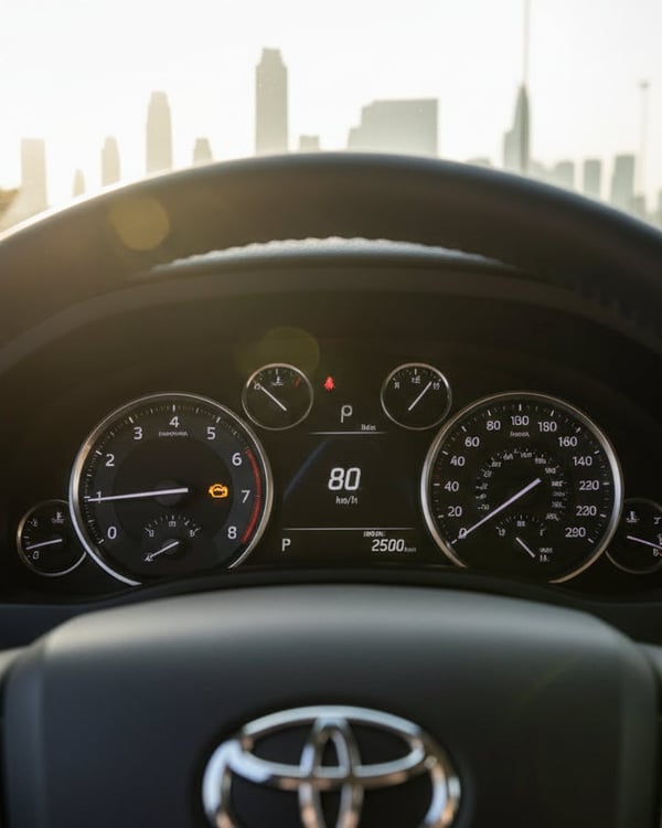 Inspector sitting in driver seat pressing push-start button, finger on button, dashboard gauges lighting up, morning light through windshield