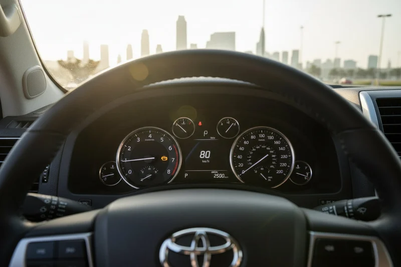 Inspector sitting in driver seat pressing push-start button, finger on button, dashboard gauges lighting up, morning light through windshield