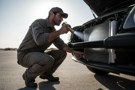 Inspector crouching at front of car shining flashlight through grille at radiator fins, checking for debris and bent fins, Dubai midday sun behind him