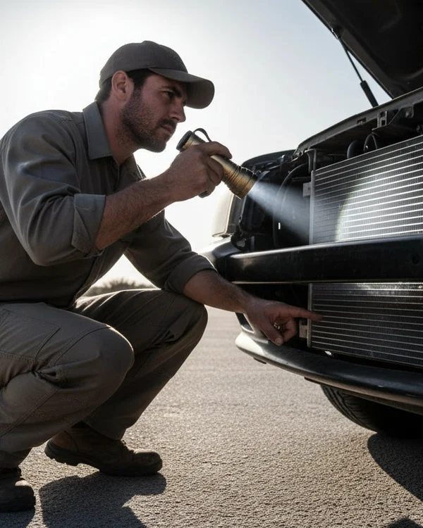 Inspector crouching at front of car shining flashlight through grille at radiator fins, checking for debris and bent fins, Dubai midday sun behind him