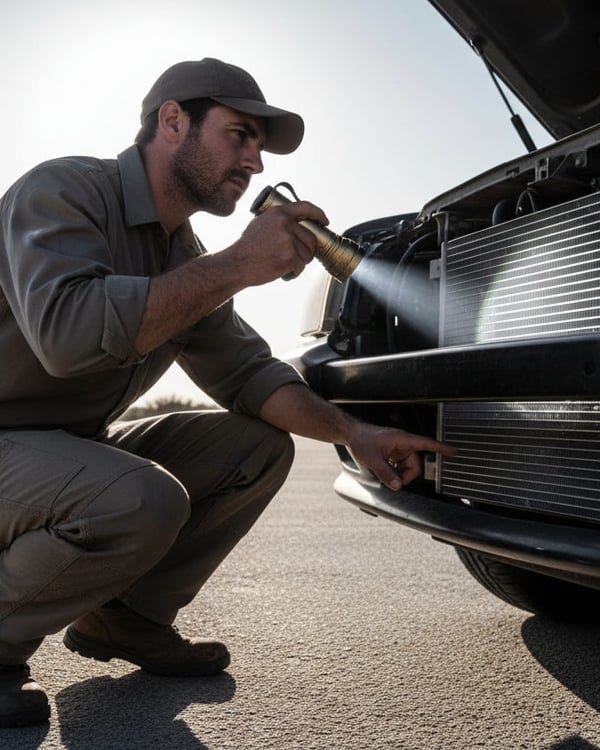 Inspector crouching at front of car shining flashlight through grille at radiator fins, checking for debris and bent fins, Dubai midday sun behind him