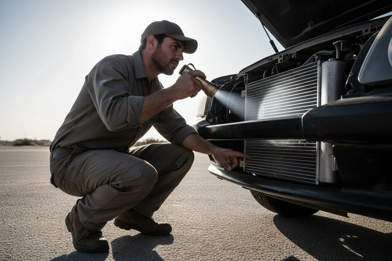 Inspector crouching at front of car shining flashlight through grille at radiator fins, checking for debris and bent fins, Dubai midday sun behind him