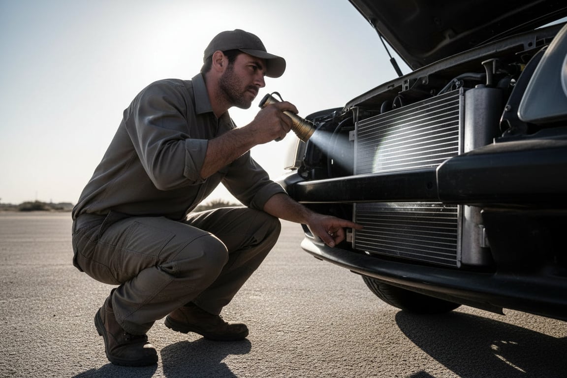 Inspector crouching at front of car shining flashlight through grille at radiator fins, checking for debris and bent fins, Dubai midday sun behind him
