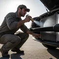 Inspector crouching at front of car shining flashlight through grille at radiator fins, checking for debris and bent fins, Dubai midday sun behind him