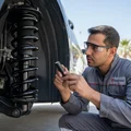 Inspector looking through rear wheel arch at shock absorber, checking for oil leak on shaft, spring visible, bright Dubai outdoor light