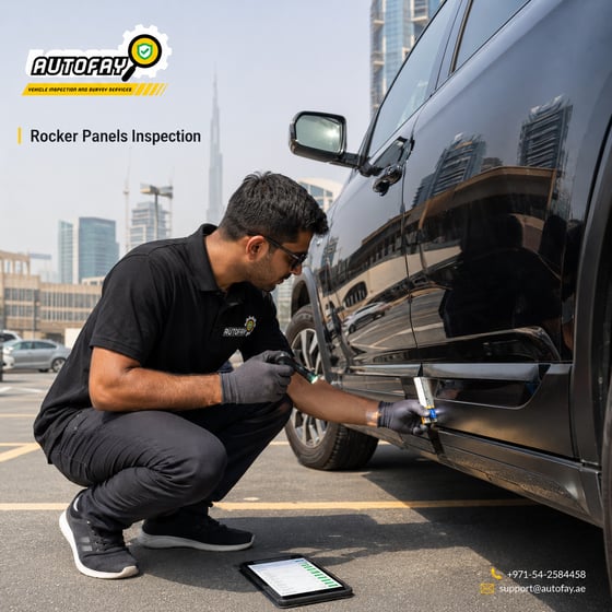 AUTOFAY inspector detecting hidden accident repairs filler and repainting on SUV in UAE