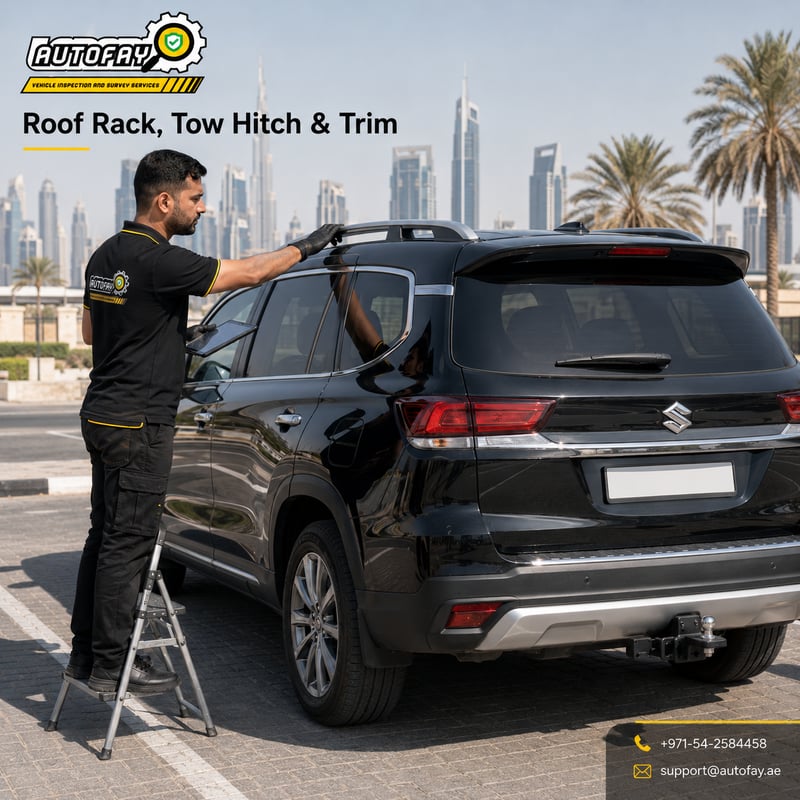 AUTOFAY inspector checking roof rack tow hitch and exterior trim on SUV in UAE