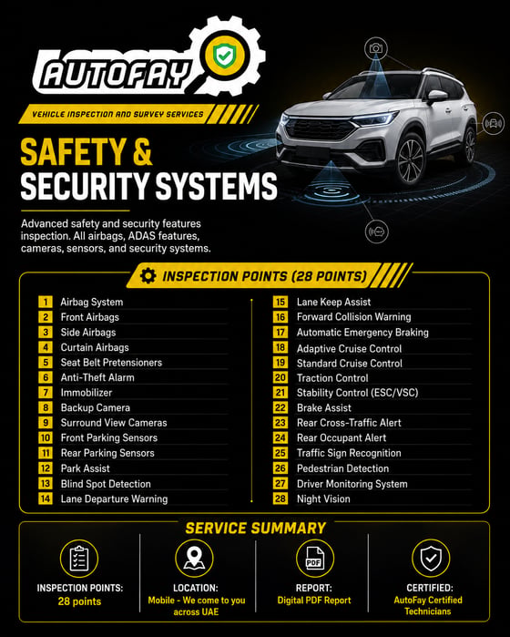 AutoFay inspector checking ADAS camera mirror and safety sensors inside a vehicle in UAE