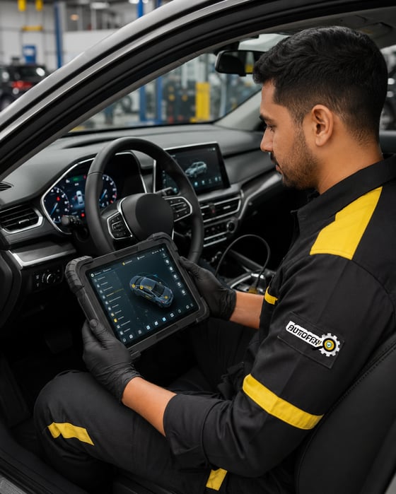 AutoFay inspector checking vehicle safety and security systems with a diagnostic tablet in UAE