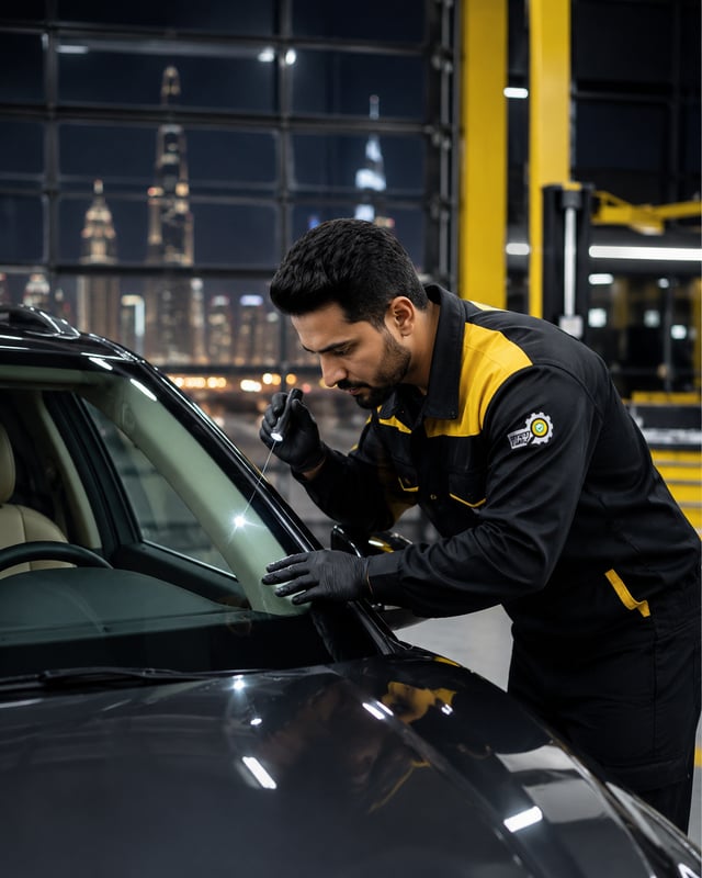 Autofay vehicle inspector checking the front windshield glass during a professional car inspection in UAE