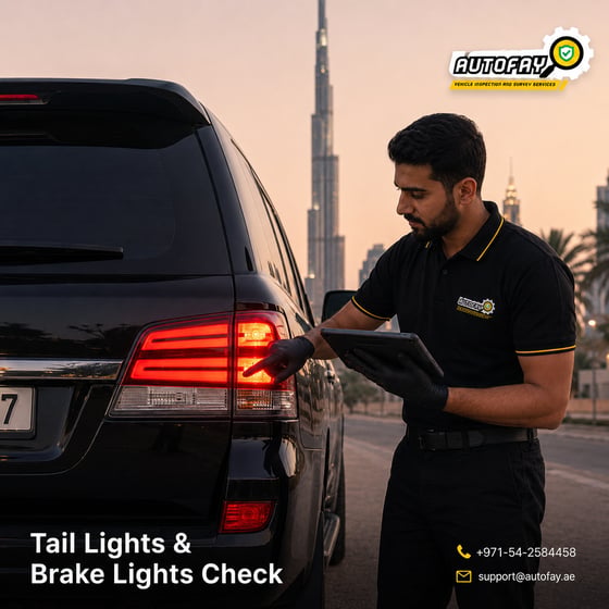 AUTOFAY inspector checking headlight lens condition during exterior vehicle lights inspection in UAE