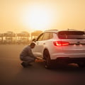 Inspector crouching behind SUV pressing brake pedal with stick, both tail lights and brake lights lit red, Dubai evening golden light