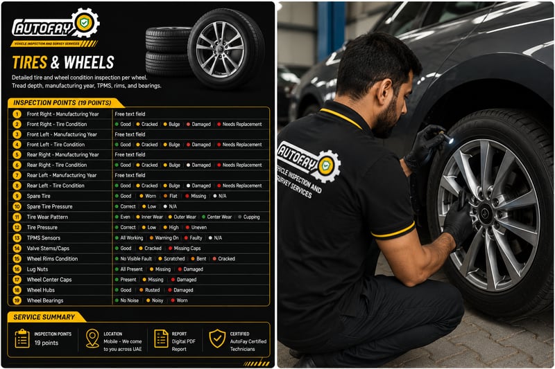AutoFay vehicle inspector checking tire and wheel condition during a professional car inspection in UAE