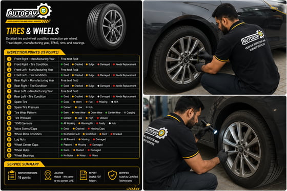 AutoFay vehicle inspector checking tire and wheel condition during a professional car inspection in UAE