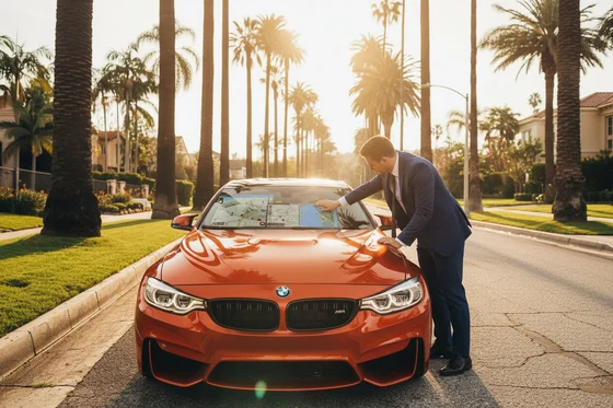 Inspector sitting in passenger seat tapping center touchscreen showing navigation map, bright Dubai afternoon light through windshield, modern dashboard