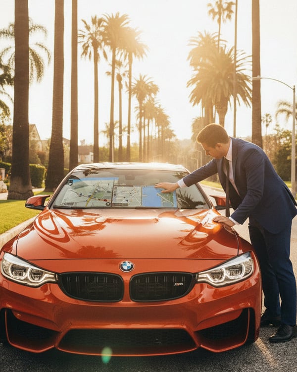 Inspector sitting in passenger seat tapping center touchscreen showing navigation map, bright Dubai afternoon light through windshield, modern dashboard