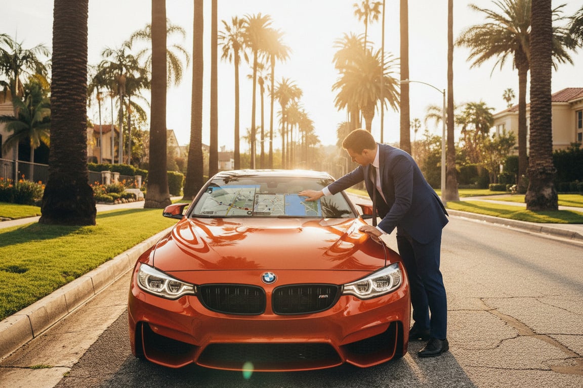 Inspector sitting in passenger seat tapping center touchscreen showing navigation map, bright Dubai afternoon light through windshield, modern dashboard