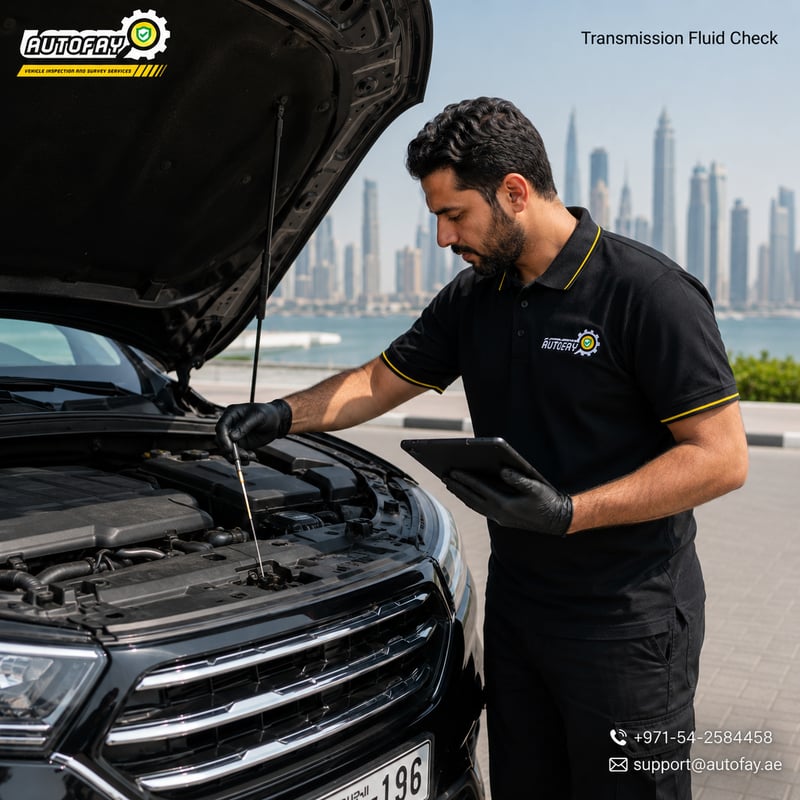 AUTOFAY inspector checking power steering fluid level and condition during vehicle inspection in UAE