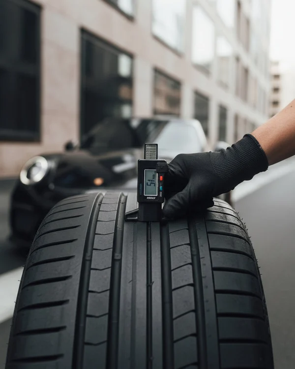 Inspector pressing tread depth gauge into main groove of front tire, reading 5mm on gauge, tire mounted on car, bright Dubai outdoor sunlight