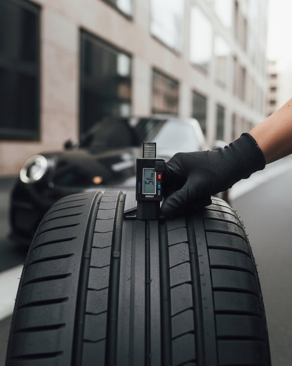 Inspector pressing tread depth gauge into main groove of front tire, reading 5mm on gauge, tire mounted on car, bright Dubai outdoor sunlight