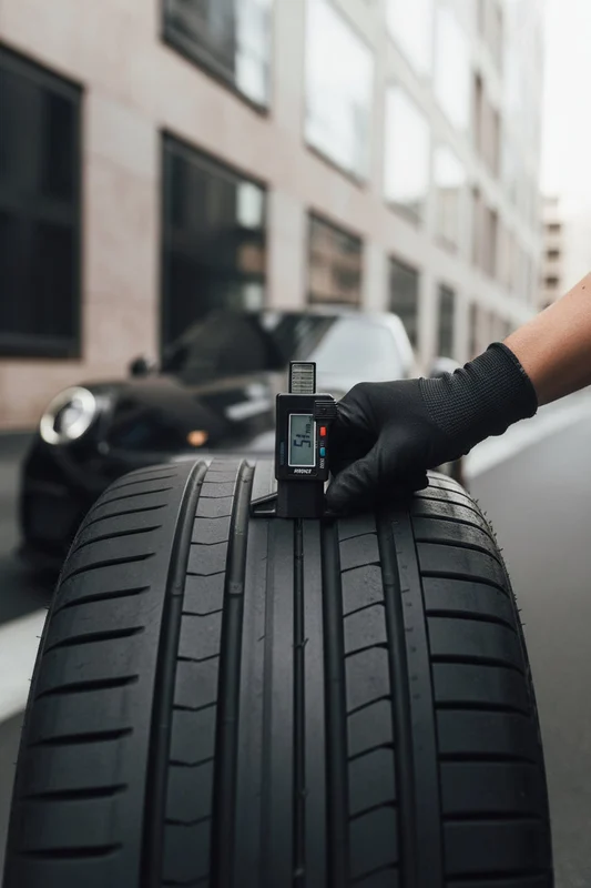 Inspector pressing tread depth gauge into main groove of front tire, reading 5mm on gauge, tire mounted on car, bright Dubai outdoor sunlight