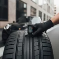 Inspector pressing tread depth gauge into main groove of front tire, reading 5mm on gauge, tire mounted on car, bright Dubai outdoor sunlight