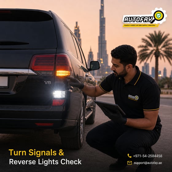 AUTOFAY inspector checking headlights DRL and fog lights on SUV during exterior lights inspection in UAE