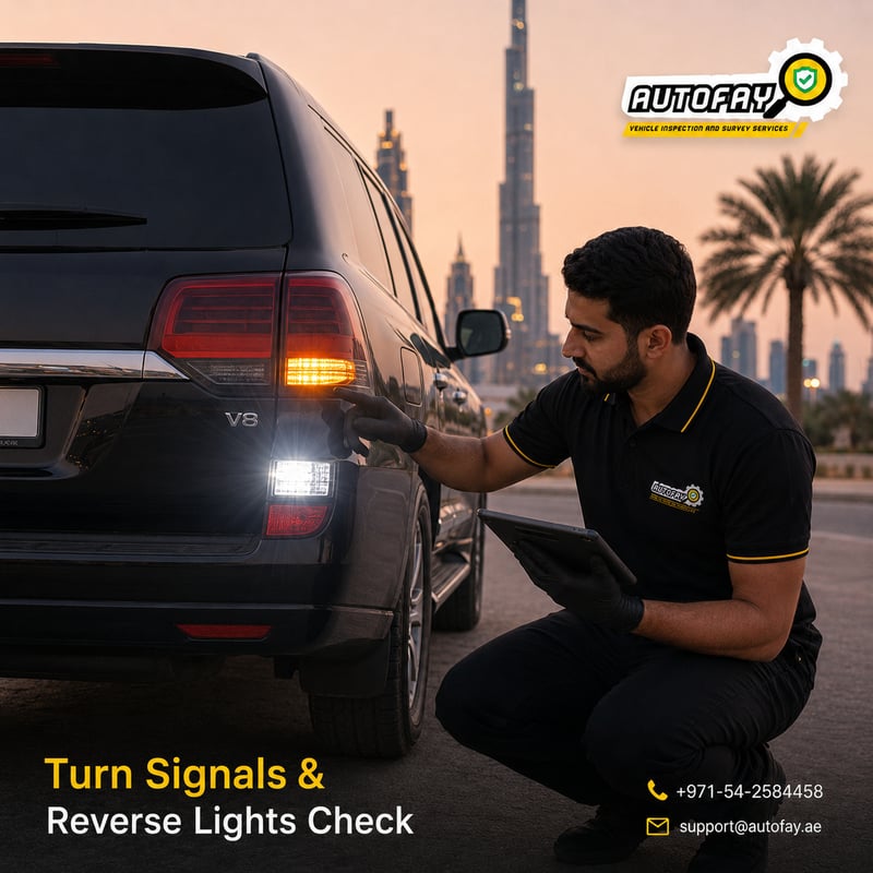 AUTOFAY inspector checking headlights DRL and fog lights on SUV during exterior lights inspection in UAE