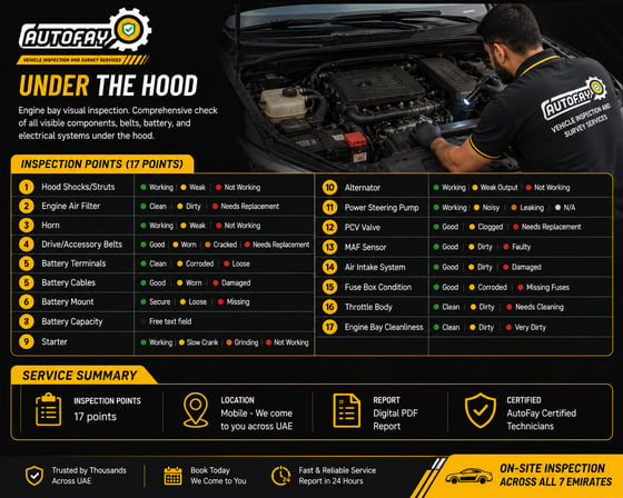 AutoFay inspector performing under the hood engine bay inspection in UAE