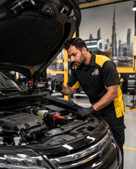 AutoFay inspector checking fuse box and electrical systems under the hood in UAE