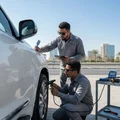 Inspector underneath car checking frame condition with laptop showing diagnostic report on ground, car on ramps, outdoor Dubai