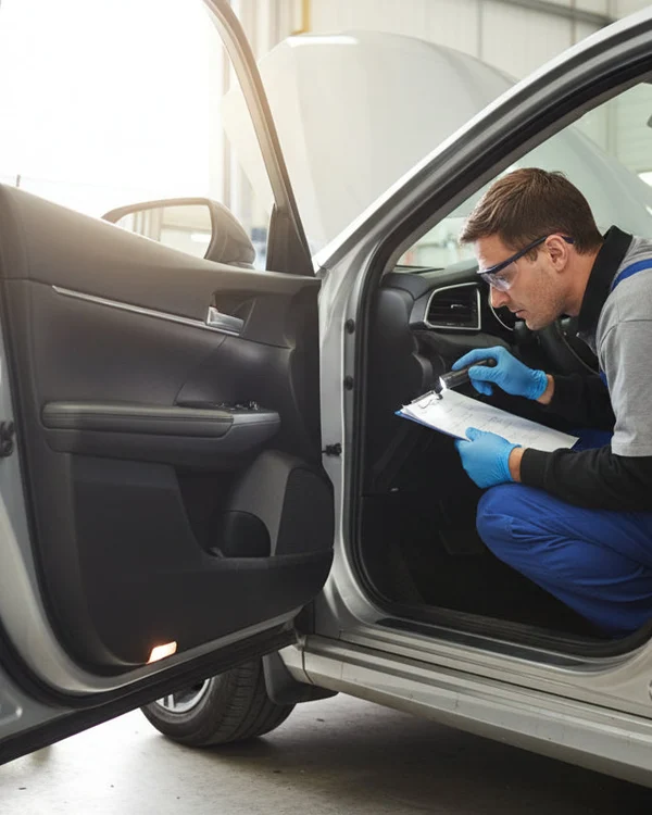 SUV raised on portable scissor lift outdoors, inspector underneath examining front frame rails with flashlight, bright Dubai daylight