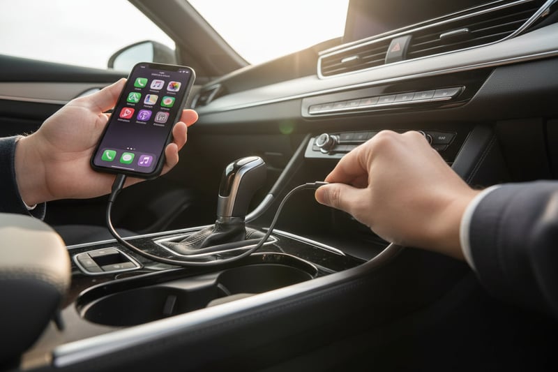 Close-up of inspector plugging USB cable into center console port, phone connected showing CarPlay on screen, bright interior from open sunroof