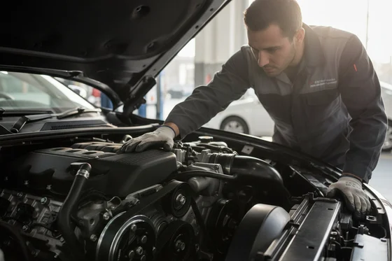 Inspector leaning into engine bay touching valve cover checking for vibration, engine running at idle, bright Dubai morning sun across engine block