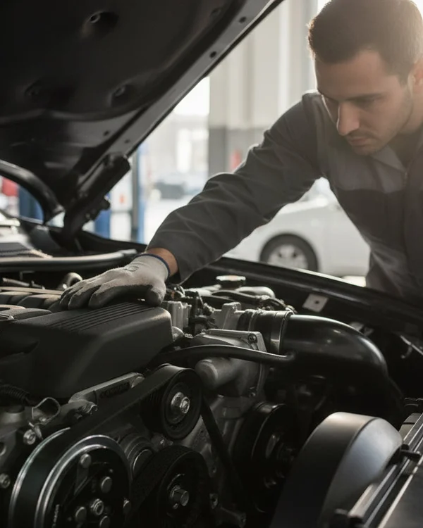 Inspector leaning into engine bay touching valve cover checking for vibration, engine running at idle, bright Dubai morning sun across engine block