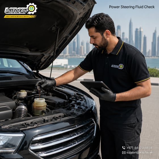 AUTOFAY inspector checking vehicle fluid levels and condition during 11-point fluids inspection in UAE