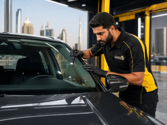 Autofay vehicle inspector checking the front windshield glass during a professional car inspection in UAE
