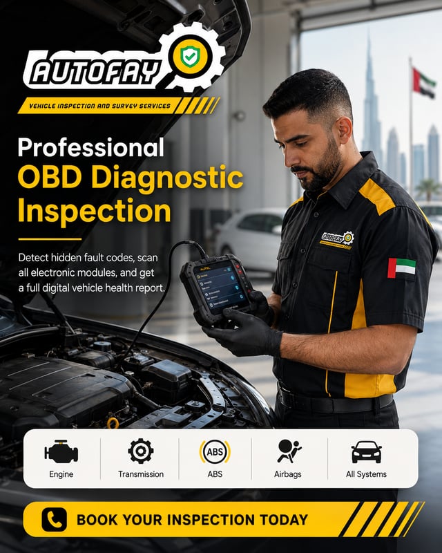 Autofay vehicle inspector checking a car with an OBD diagnostic scanner in a UAE inspection workshop