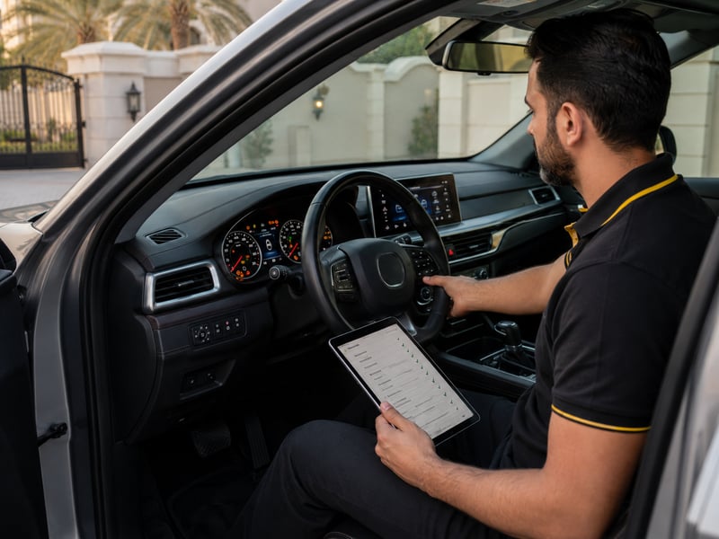 Autofay technician testing push button start and dashboard indicators during vehicle inspection in UAE
