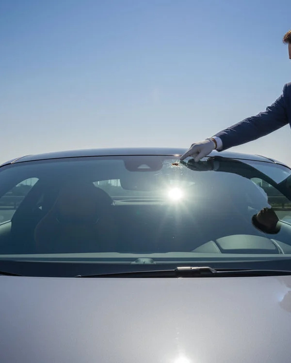 Inspector standing outside car pointing at small chip on windshield corner, Dubai parking lot, morning sun reflecting palm trees on glass