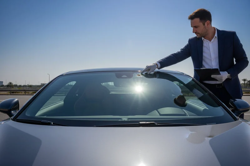 Inspector standing outside car pointing at small chip on windshield corner, Dubai parking lot, morning sun reflecting palm trees on glass